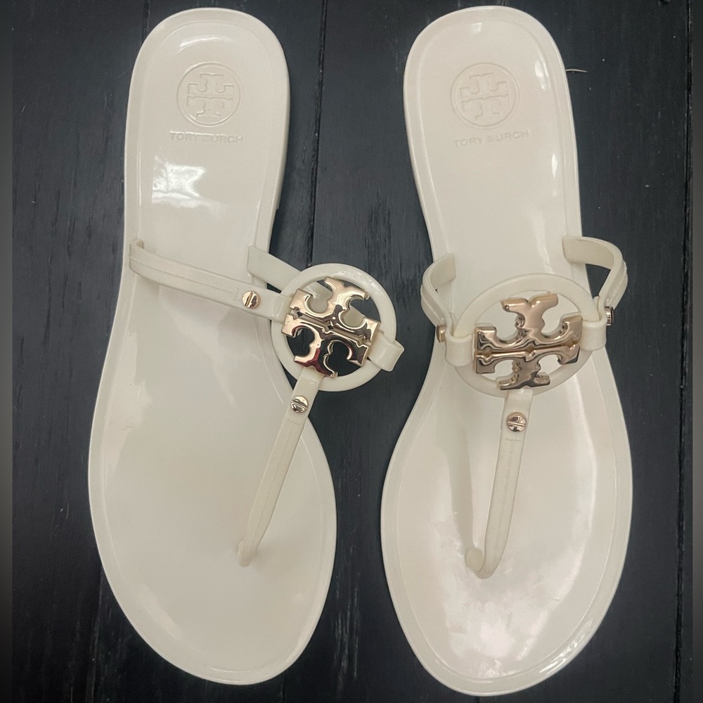 Tory Burch Mini Miller Jelly Thong Sandal - Size 9 - White/Gold